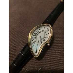 Melted watch face gold and black leather strap Salvador Dali custom Cartier